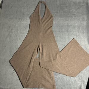 One Mile Sammy Knit Jumpsuit Chocolate Brown Size XXS Halter Top Wide Leg Long